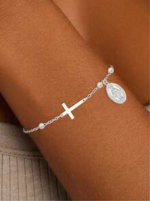 1pc Virgin Mary Cross Chain Bracelet For Women, Stainless Steel 14k Gold Plated Cross Imitation Pearls Gold Beads Charm Chain Bracelet, Christian Gift, Trust Gift, Cross Gift, Friendship Gift