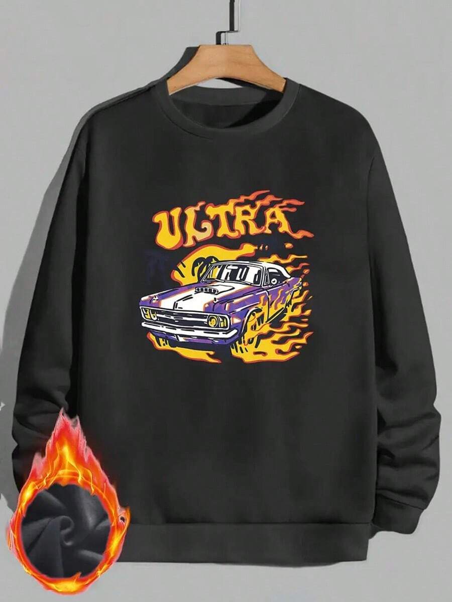 Men's Retro 80s Vintage Muscle Car & Ultra Graphic Print Sweatshirt - Turquoise Blue With Purple Classic Car Design, Loose Fit Casual Streetwear, Long Sleeve Round Neck Pullover For Automotive Enthusiasts,Fall Hoodies,Men's Fall Clothes,Street Wear,Halloween,Mens Hoodies,Y2k Clothes,Jesus Hoodie,Thanksgiving Day,Nightmare Before Christmas,Christmas - Black - View 1