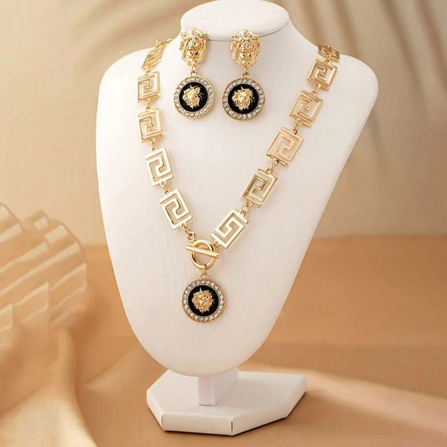 Gold Lion Drop Earrings And Necklace Ring Sets Vintage Pendant Necklace Set For Women Hip Hop Adjustable Valentine's Day Wedding Jewelry Set - 金色 - 查看 1