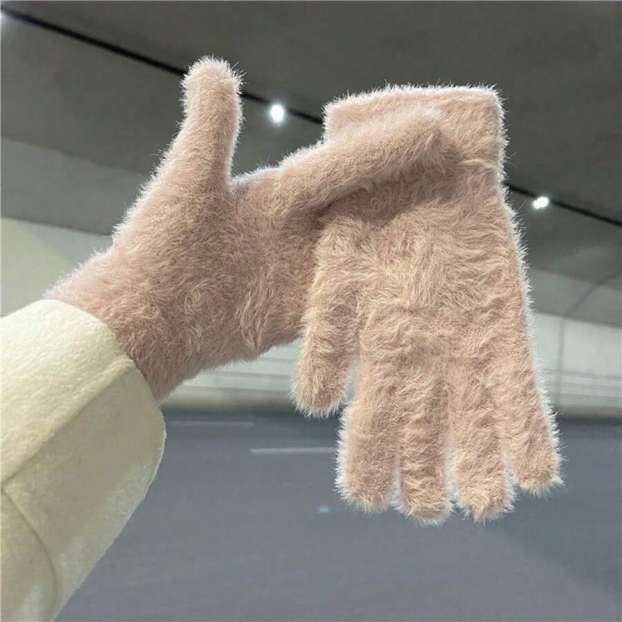 Cycling Imitation Rabbit Fur Plush Ins Wind Gloves Women's New Autumn And Winter Velvet Warm Cute Finger Cold - Pink - View 1