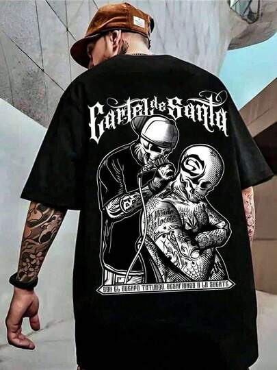 Artista del tatuaje de calaveras, hip hop clásico retro moda casual Y2K calavera dar tatuaje de calavera popular impresión de letras boutique camiseta de algodón de 180 g, 100% algodón para hombre impresión de calidad de verano transpirable suelta suave y cómoda camiseta casual negra, adecuada para uso al aire libre de verano, uso diario y regalos para amigos, regalos de regreso a la escuela