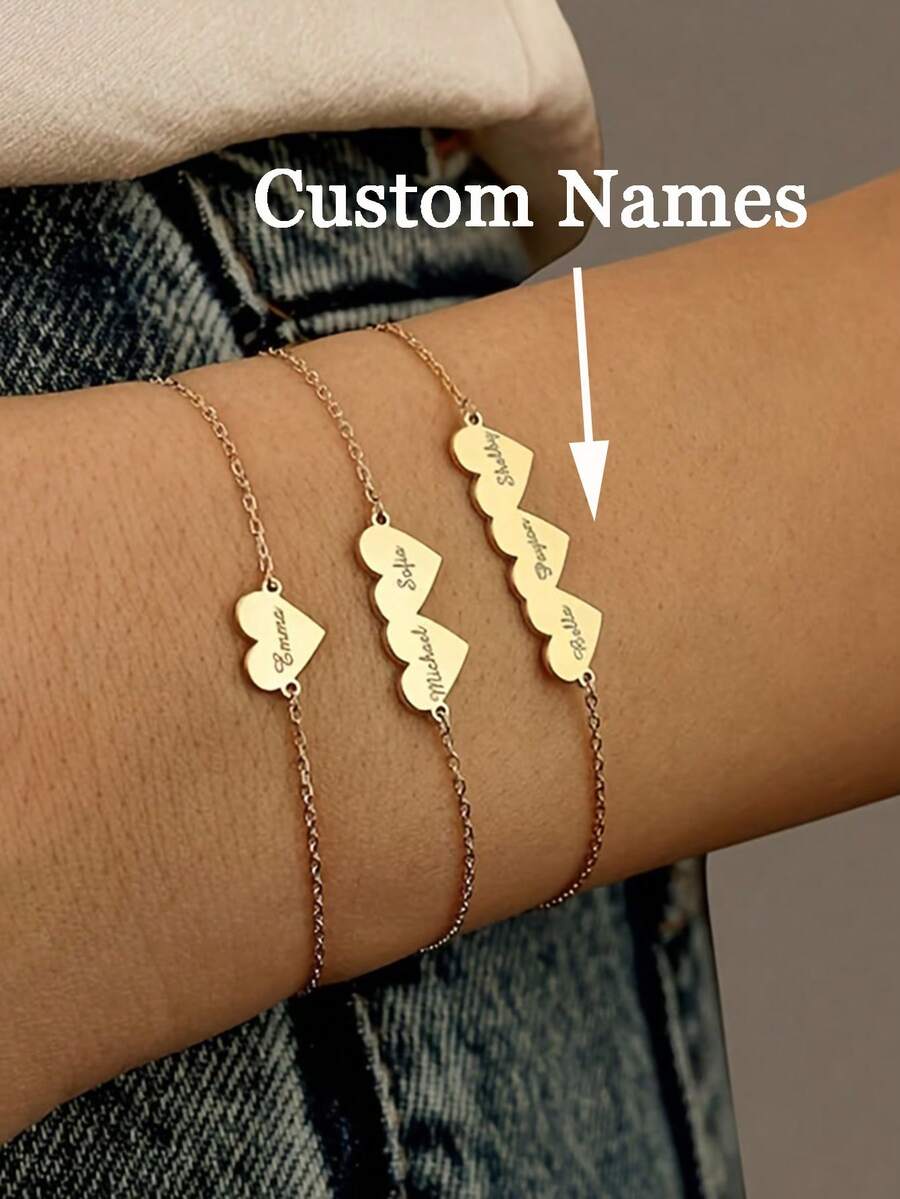 1件定制心形名字手链，可刻1-3个名字，复古简约设计，适合日常佩戴或作为情人节、圣诞节礼物，优雅时尚，也是生日、万圣节、圣诞节的理想礼物之选。 - 彩色 - 查看 1