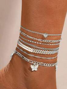38pcs/19pcs/7pcs Set Women Elegant Vacation Style Hollow Butterfly & Heart Pendant Silver Color Anklet Jewelry Set, Fashionable Accessory For Girls Daily Vacation Beach Wear - Silver - View 7