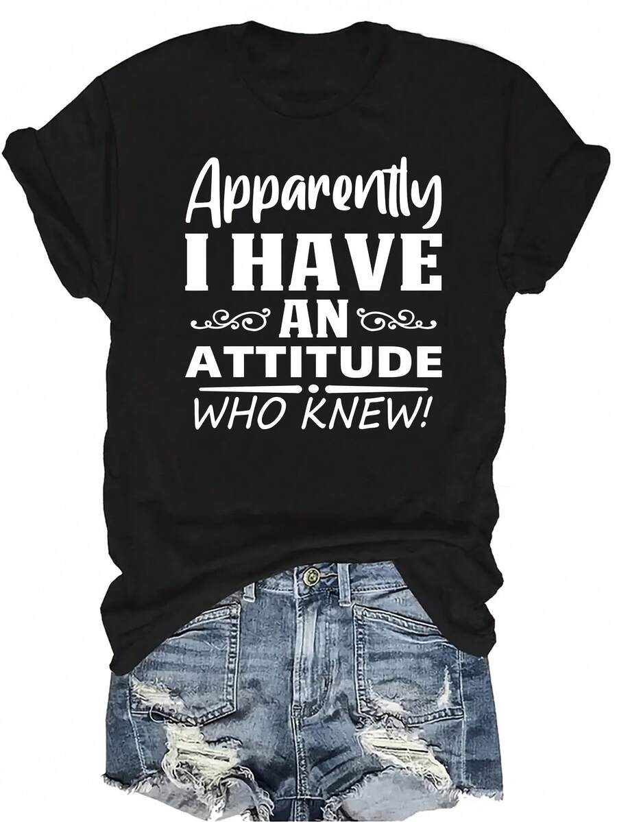 [Camiseta de Moda Casual] Camiseta de Mujer Suave y Cómoda - Actitud Revelada Casual de Manga Corta y Cuello Redondo, Regalo Perfecto para Abuela y Mamá, Uso Casual de Primavera y Verano - Negro - Ver 1
