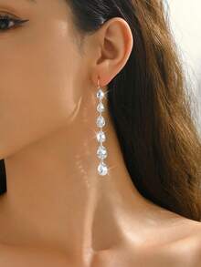 1 Pair Minimalist Copper Water Drop Zirconia Stone Long Earrings For Women, Suitable For Daily Wear