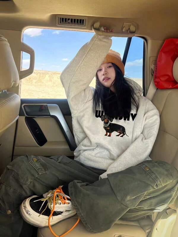 Casual American Style Dog Letter Print Hoodie Sweatshirt For Women, Heather Gray Lazy Pullover Top, Versatile For Autumn/Winter