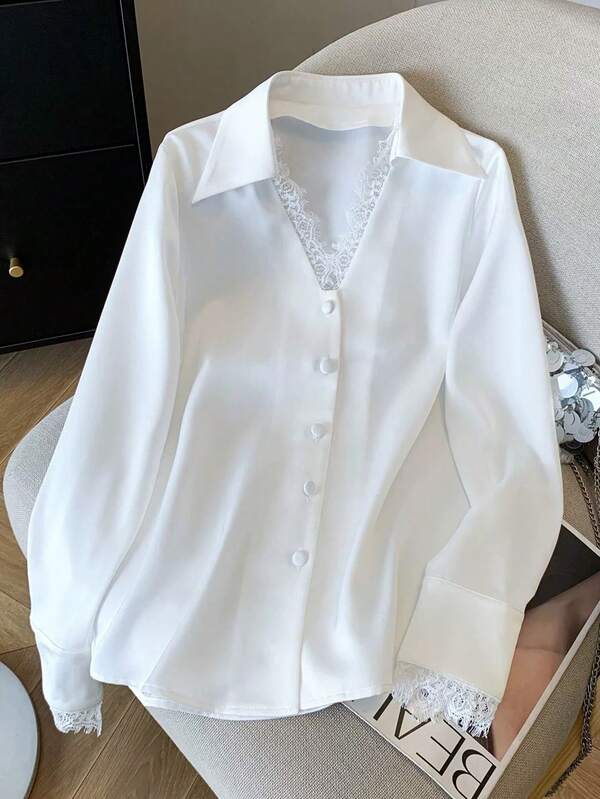 Elegant Ladies' Shirt, White Lace Lace Long-Sleeved Button Top, Simple And Fashionable New Style, Recommended For Parties Or Evening Dates, Suitable For Spring, Summer And Autumn