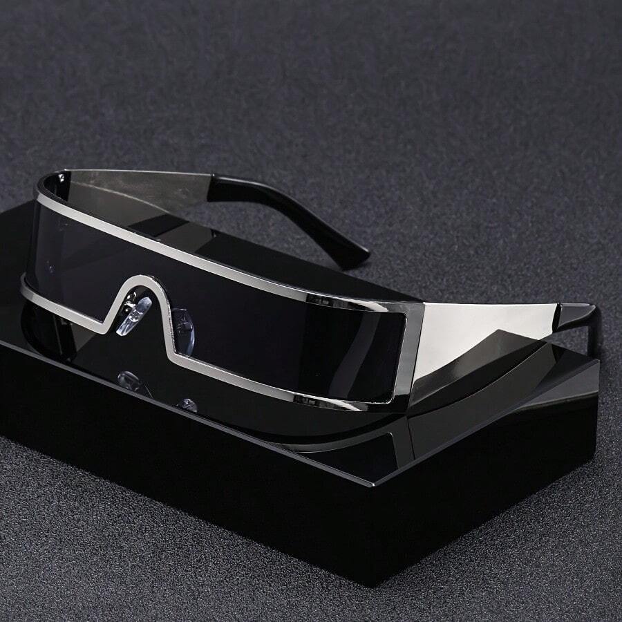 Men's Cyberpunk Glasses - Futuristic Narrow Frame, Modern Metallic Luster, Compatible (132-138mm), Suitable For Parties, Festivals, Daily Wear - Ideal Gift For Tech Enthusiasts, Party Accessories, Fashion Design, High-Quality Lenses, Durable Material - 銀色灰片C2 - 查看 1