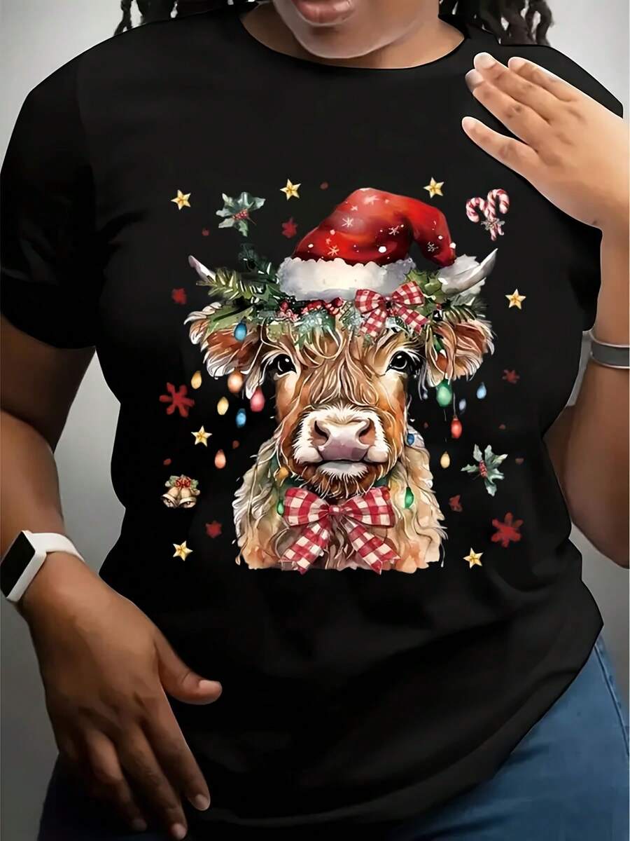 Women's Christmas Graphic T-Shirt - Dark Grey Cow Santa Hat & Holiday Lights Print - Lightweight Breathable Crew Neck Top - Funny Christmas Party Outfit Everyday Holiday Apparel - Machine Washabl,220g