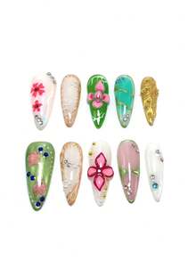 10 Pieces Made By Hand, 3.3 Cm Thin High-Heeled Nail Stickers, Beach Essentials, Nail Patch, Press-On Nails, Nails, Supplies, Summer Nails, Press-On Acrylic Nails, Long Nails, Pink Petals, Stars, Leaves, Diamonds, Three-Dimensional Styling, French Style, Gradient, Three-Dimensional Sculptural Molding Glue, And Versatile, Punk Style, Suitable For Beaches
