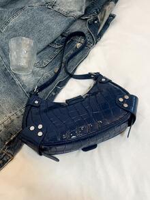 Bolso de motocicleta vintage punk con remaches para mujer, bolso de un hombro bajo el brazo para trabajo y desplazamientos - Azul Marino - Ver 7