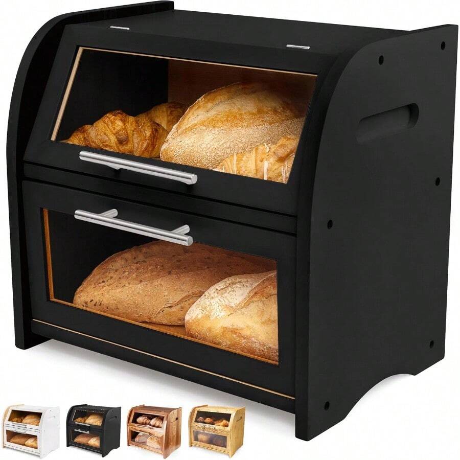 Arise Stylish Bamboo Bread Box For Kitchen Countertop Extra Large 2Shelf Wooden Bread Storage Container With Clear Windows And Air Vents Keep Bread Bagels And Rolls Fresh Self Assembly - 竹黑色 - 查看 1