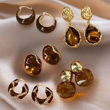 2 đôi bông tai đính đá mắt hổ trắng bằng nhựa màu nâu cổ điển, bông tai thời trang dành cho nữ, trang sức nhuộm ombre cá nhân hóa. - trắng - Xem 5