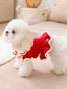 1件新款秋冬季幼犬公主风翻领小花刺绣毛绒连衣裙，圣诞节新年宠物服装 - 彩色 - 查看 3