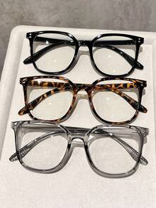3pcs Women's Plastic Embedded Nail Art Multi-Color Full Narrow Frame Round Tinted Lens Portable Modern Minimalist Style Casual Transparent Glasses Set, Suitable For Office Attire, Fits All Face Shapes, Accessory - 3pcs 黑透灰豹紋 - 查看 5