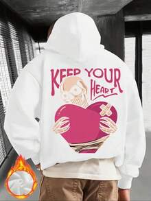 Men's Gothic Punk Graphic Hooded Sweatshirt - Oversized Black & Pink Skull & Bandage Heart Print With Keep Your Heart Lettering, Loose Fit Long Sleeve Casual Pullover For Autumn-Winter,Fall Hoodies,Men's Fall Clothes,Street Wear,Halloween,Mens Hoodies,Y2k Clothes,Jesus Hoodie,Thanksgiving Day,Nightmare Before Christmas,Christmas - White - View 1