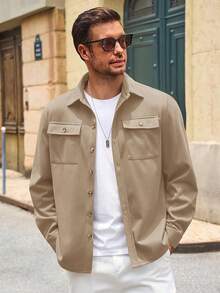 Mens Shirt Jacket Long Sleeve Button Down Casual Shacket Lightweight Thermal Shirts With Pocketshalloween - 卡其色 - 查看 10