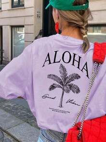 Women's Spring/Summer New Palm Tree Slogan Print Casual Round Neck Short Sleeve T-Shirt, Fashionable Resort Style, Your Daily Essential Item. Graphic Tee, Pink Top, Resort2026 - 紫色 - 查看 6