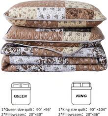 Khaki King Size Quilt Bedding Set, Brown Plaid 3 Pieces Patchwork Floral Reversible Bedspread Coverlet Set All Season, Soft Microfiber, 90X104, All - Season Bedding - Khaki - View 8