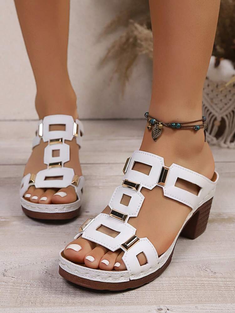 1 Pair Women's Fashionable Retro High Heel Sandals, Geometric Pattern Bohemian Vintage Chic PU Leather Rivet Decor High Heel Sandals, Suitable For Wedding, Party, Vacation, Summer And Other Occasions,Wedge Heels - Beige - View 3