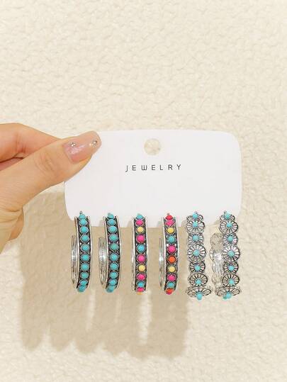 1-3 Pairs Exaggerated Style Semicircle C-Shaped Colorful Turquoise Inlaid Floral Pattern Earrings Set For Women