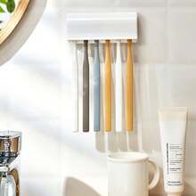 1 pieza Soporte para cepillo de dientes, montado en la pared, con tapa, adecuado para cepillo de dientes eléctrico, con estante para almacenar pasta de dientes, organizador de cepillo de dientes autoadhesivo de 2/5/6 ranuras, accesorio de baño (Blanco)