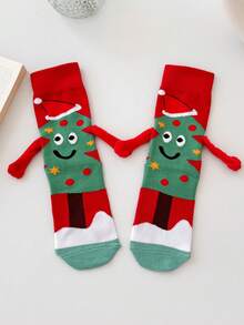 1 Par de Meias Casuais Confortáveis para Homens com Padrão Criativo e Divertido de Árvore de Natal e Mãos Dadas, Até a Panturrilha