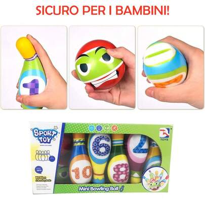 Bakaji Set 10 Birilli da Bowling Giocattolo per Bambini con Pallina, Gioco con Palla e Birillo per Bambino e Bambina, Giocattolo Educativo Morbido, Sport di Famiglia, Idea Regalo per Ragazzi