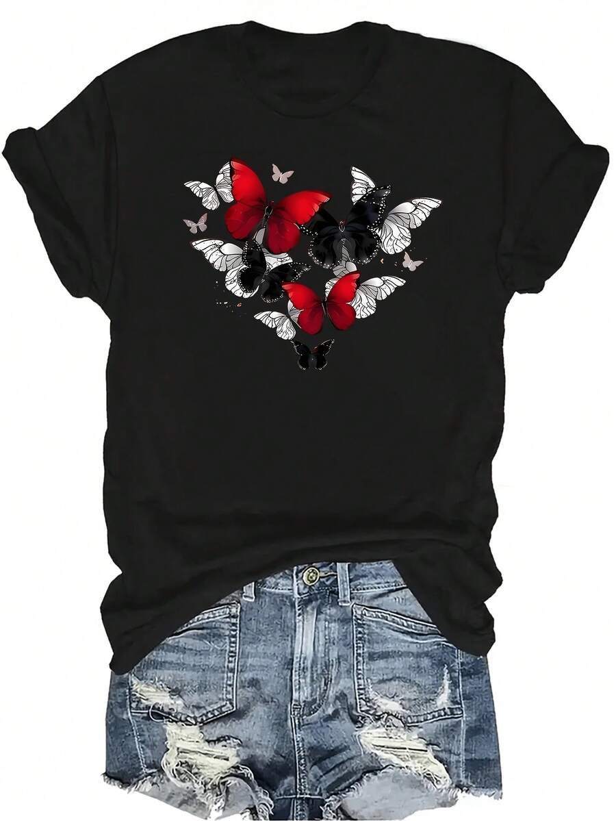 [Camiseta de moda casual] Camiseta suave y cómoda para mujer - Camiseta de manga corta de cuello redondo con estampado de mariposa rojo, blanco y negro, regalo perfecto para la abuela y la mamá, uso casual de primavera y verano - Negro - Ver 1