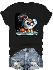 [Camiseta de moda casual] Camiseta suave y cómoda para mujer - Estampado de jirafa, tortuga, gafas y salpicaduras, manga corta, cuello redondo, perfecta como regalo para la abuela y la mamá, uso casual en primavera y verano - Negro - Ver 1