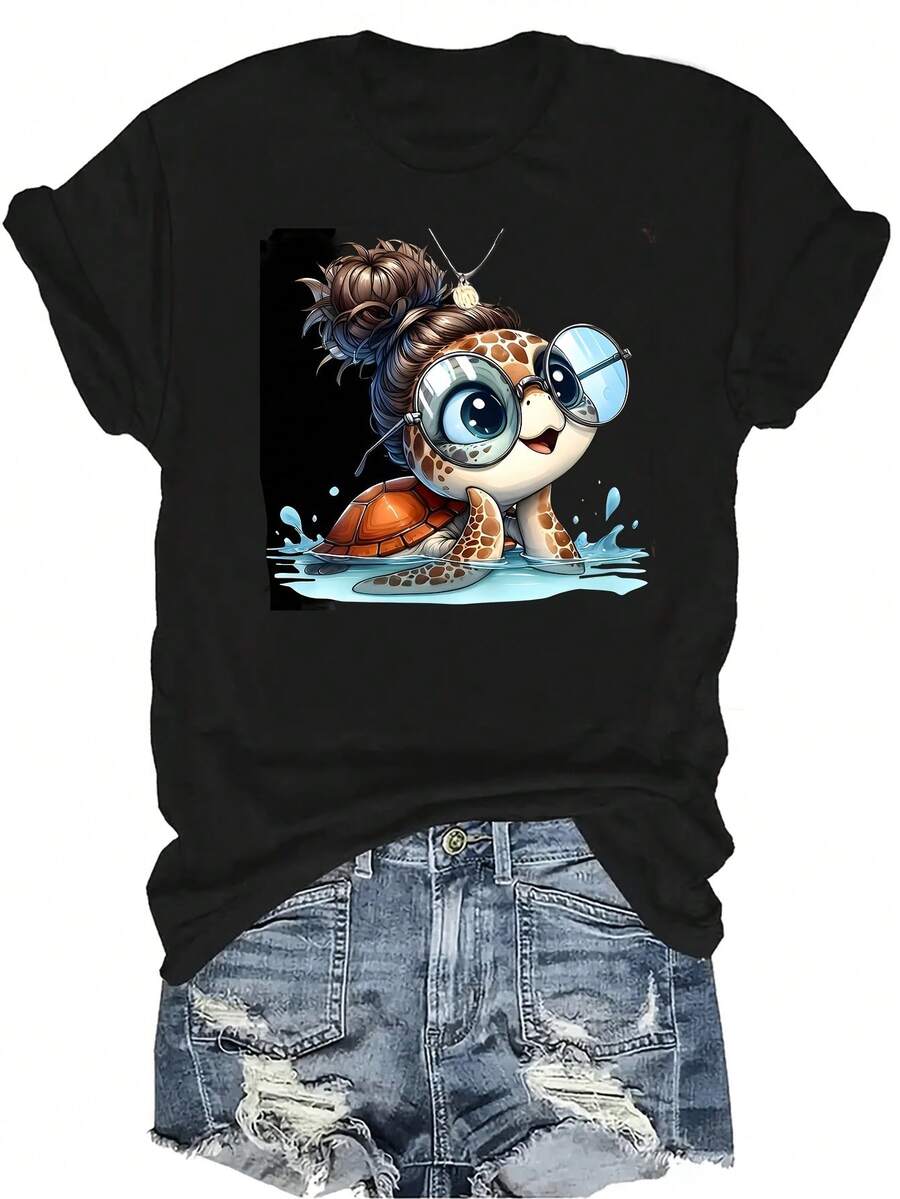 [Camiseta de moda casual] Camiseta suave y cómoda para mujer - Estampado de jirafa, tortuga, gafas y salpicaduras, manga corta, cuello redondo, perfecta como regalo para la abuela y la mamá, uso casual en primavera y verano - Negro - Ver 1