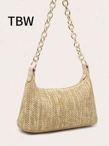 Women's Underarm Shoulder Bag, Square Metal Chain Bag, Large Capacity, Lightweight, Casual & Fashionable Beach Vacation Style, Suitable For Shopping And Vacation - Khaki - View 1
