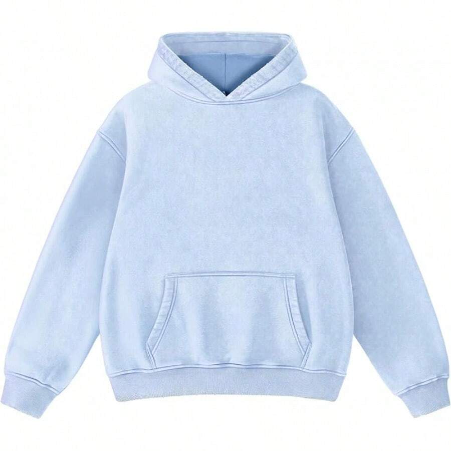 FAIABLE Mens Hoodies Oversized Unisex Wash Hoodie Heavyweight Fleece Vintage Cotton Sweatshirt Men Women Streetwear - 淺藍色 - 查看 1