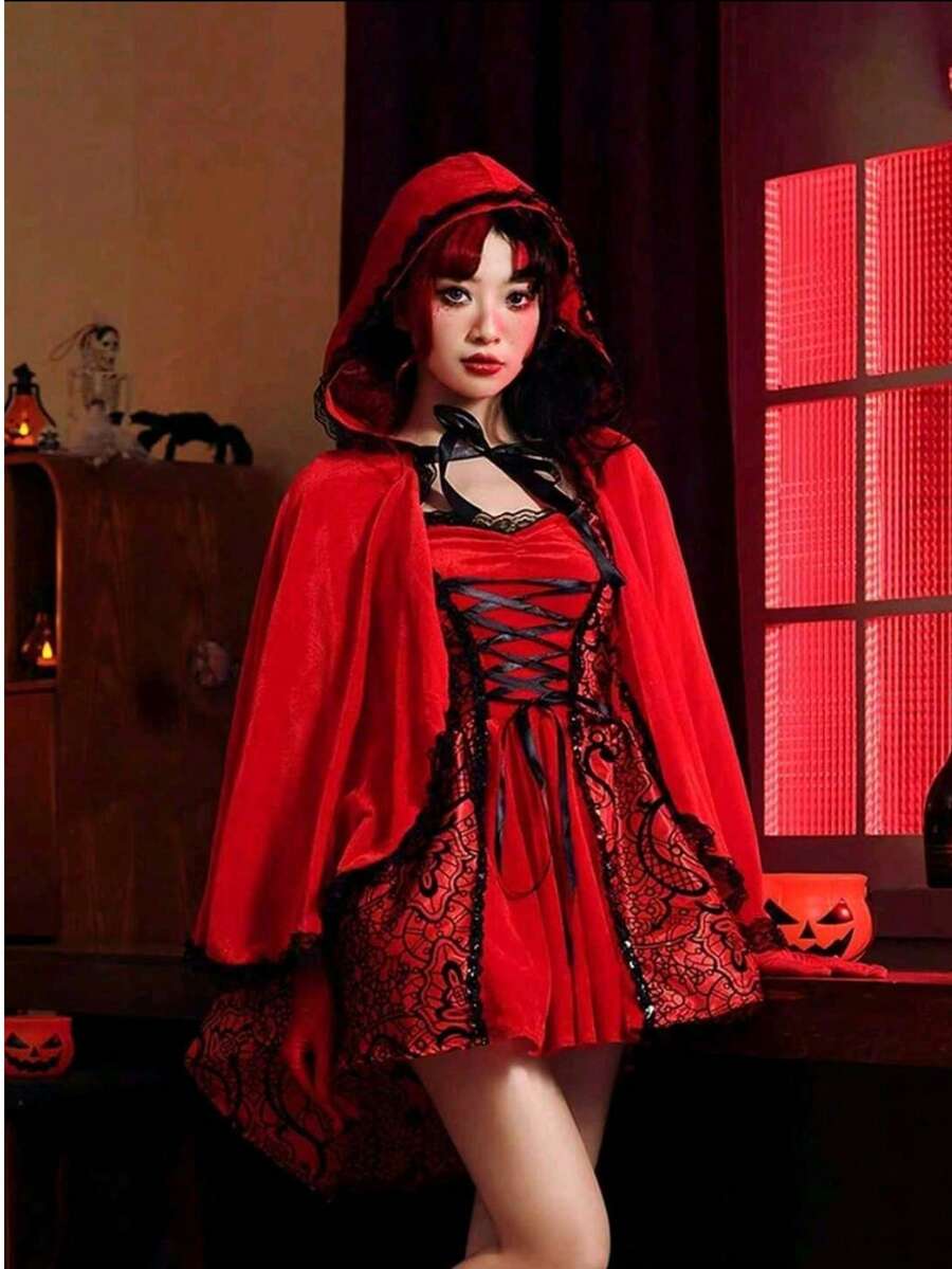 1 pieza Capa de Caperucita Roja de estilo carnaval de Halloween, roja con capucha, Año Nuevo, Día de Luther King Jr., Día de los Presidentes, Día de los Caídos, Día de la Independencia, Día del Trabajo, Navidad