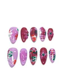 10 Pieces Of 2.5 Cm Handmade Almond-Shaped Nail Tips, Beach Essentials, Nail Patch, Press-On Nails, Nails, Supplies, Summer Nails, Press-On Acrylic Nails, Long Nails, With Pink Flowers, Strawberries, Leaves, Blush, 3D Carved Designs, French Tips, Gradient Colors, Suitable For Various Occasions Such As Beach