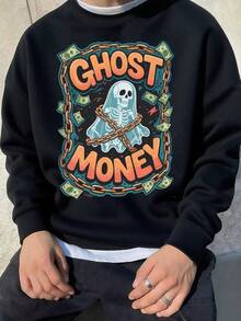 Men'S & MEN'S Halloween Graphic Crewneck Sweatshirt - Soft Fleece Pullover With Ghost Money Print, Loose Fit Streetwear Sweater For Fall Winter, Everyday Casual Outfits,Fall Hoodies,Men's Fall Clothes,Street Wear,Halloween,Mens Hoodies,Y2k Clothes,Jesus Hoodie,Thanksgiving Day,Nightmare Before Christmas,Christmas - Black - View 1