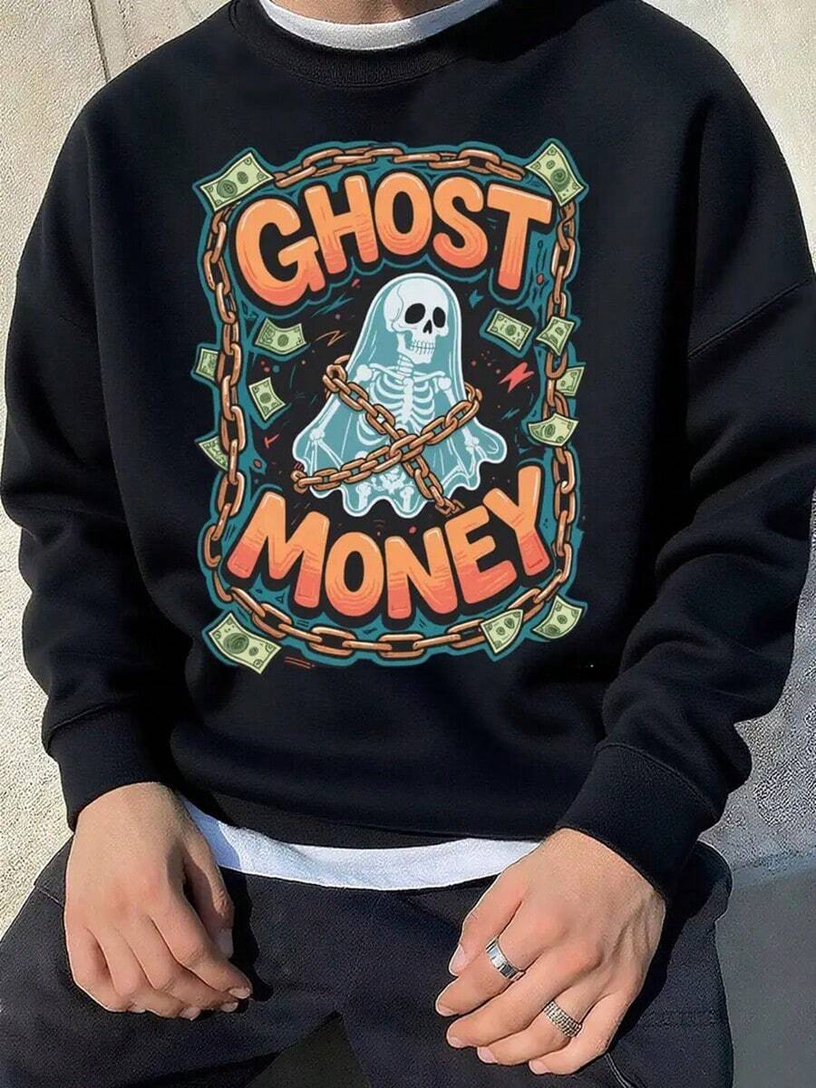 Men'S & MEN'S Halloween Graphic Crewneck Sweatshirt - Soft Fleece Pullover With Ghost Money Print, Loose Fit Streetwear Sweater For Fall Winter, Everyday Casual Outfits,Fall Hoodies,Men's Fall Clothes,Street Wear,Halloween,Mens Hoodies,Y2k Clothes,Jesus Hoodie,Thanksgiving Day,Nightmare Before Christmas,Christmas - Black - View 1