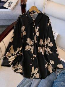2025 Plus-Size New Elegant Floral Print Shirt With Turn-Down Collar And Front Buttons Long Sleeve For Women