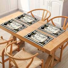 4 piezas Manteles individuales de lino con estampado de fantasma a rayas y gatito para Halloween - Manteles rectangulares de lino tejido para decoración de comedor, cocina, mesa de café y mesa de comedor - Multicolor - Ver 8