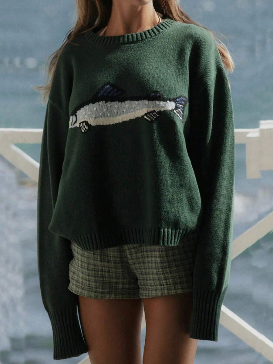 Women Fish Graphic Knit Sweater Y2k Long Sleeve Crew Neck Loose Sweaters Vintage Goth Pullover Knitwear Fall Winter Cute Chunky Streetwea - 綠色 - 查看 1