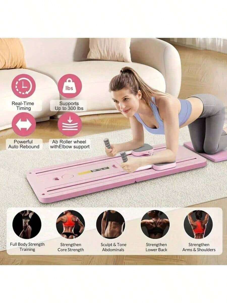 5-in-1 faltbare Pilates-Platte - tragbarer Multifunktions-Widerstandstrainer mit Widerstandsbändern und Griffen, Lila. Ideal für Rumpfkraft, Muskelformung und Beweglichkeitstraining