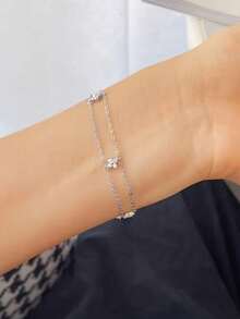 GAGAFEEL 1pc Sterling 925 Silver Exquisite Elegant Fashionable Double Layers Cute Flowers Cubic Zirconia Chain Bracelet For Women Daily Wearing Friendship Party Jewelry Gift