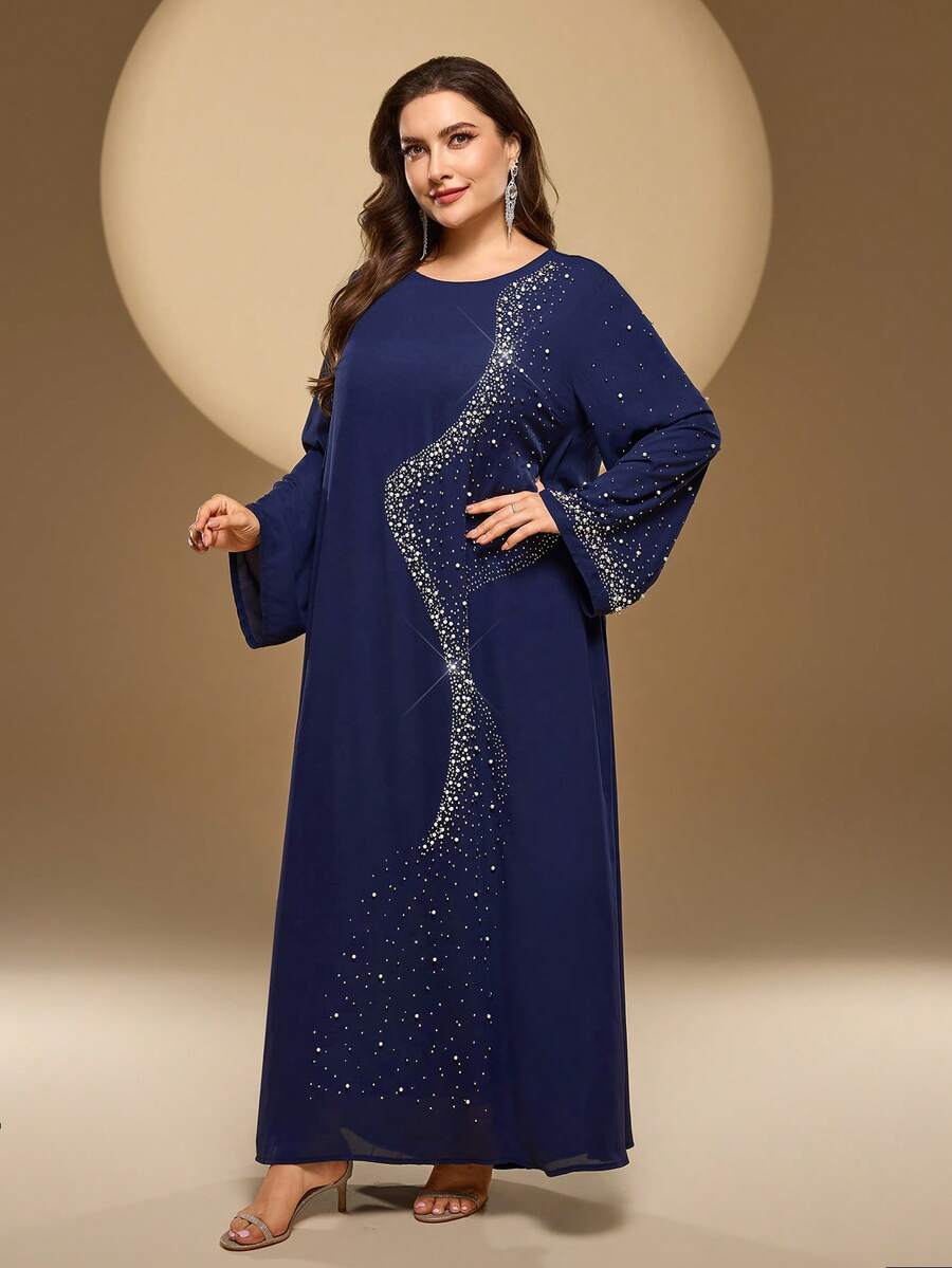 Plus Size Women's Solid Color Round Neck Long Sleeve Arabic Dress, Embellished With Rhinestones, Beads, And Wave-Shaped Studs (Handmade, Random Density Of Studs And Rhinestones) Spring - Royal Blue - View 1