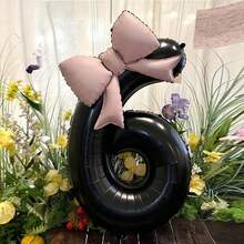 2pcs/Set 40-Inch Black Number Shaped Foil Balloons With Pink Matte Bow Decor, Suitable For Birthday Party, Wedding, Outdoor Event, Anniversary, Holiday, Thanksgiving, Harvest Season, Valentine's Day, Christmas, Party Celebration Atmosphere And Backdrop Decoration - Black - View 6