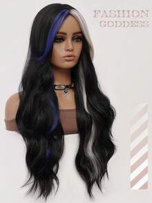 clouder Black Highlighted Blue And Gold Extra Long Curly Wig 30 Inch Cosplay Wig Halloween Christmas Wig Elegant Soft Matte Hair Loose Curls Casual Outing Street Punk Wig Rock Wig Fluffy Natural Cool Girl Synthetic Heat-Resistant Fiber Wig Suitable For Women Daily Party Wig Music Festival Wig Avant-Garde College Style Wig Modern Fashion Gothic Wig - 彩色 - 查看 6