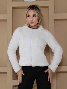 Teddy Coat With Zipper, Women's Plush Blouse With Pocket And Collar - trắng - Xem 5