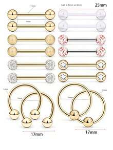 16入組不銹鋼乳頭穿孔彎棒,舌頭環,立方氧化鋯乳頭珠寶零售商,穿體珠寶 14標準規格