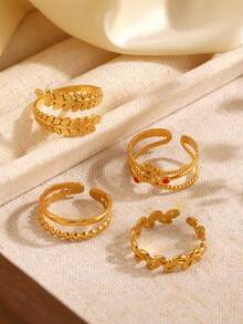 4pcs 18K Gold Plated Stainless Steel Adjustable Rings Set, Minimalist Geometric Leaf & Sun Design, Fashionable Jewelry For Women, Suitable For Daily Wear, Gifts, Dates, Parties, Outings