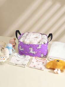 1pc Cartoon Pony Print Open Storage Box, Multifunctional Storage Basket With Handle, Holiday Gift, Mother's/Father's Day Gift, Baby Supplies Storage, Diaper Storage, Daily Organizer For Living Room, Bathroom, Kitchen, Foldable Clothes Storage, Cute & Lightweight, Suitable For Home, Kids, Nursery