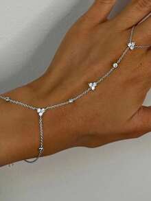 1 件四叶草单钻锆石镶嵌奢华铜金色女士全指手链，适合宴会、情侣约会、派对，搭配日常服装和配饰 - 金色 - 查看 13